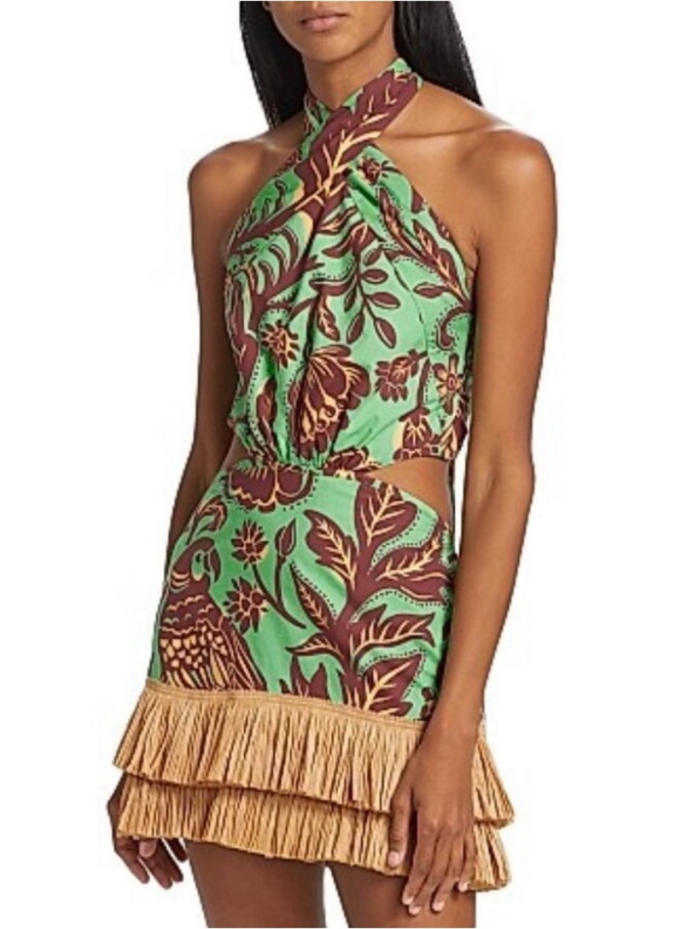 Johanna Ortiz Mint Green and Brown Floral Halter Mini Dress with Fringe